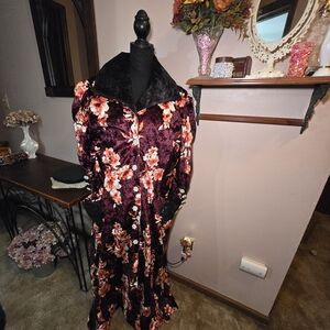 Burgundy Floral Velvet Duster with Black Collar